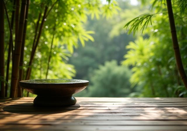 Zaciszny kącik do medytacji z drewnianym podestem