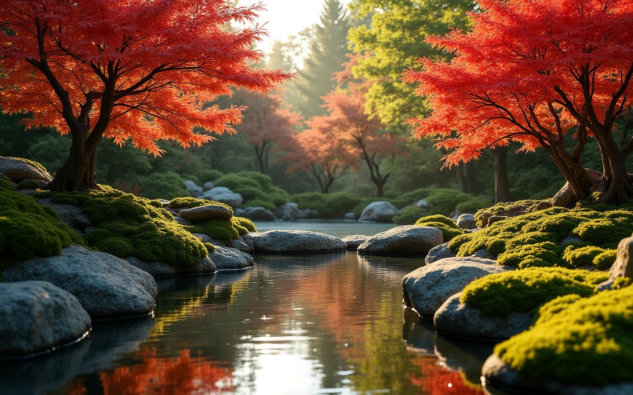 Spokojna przestrzeń ogrodowa z elementami kamienia i wody