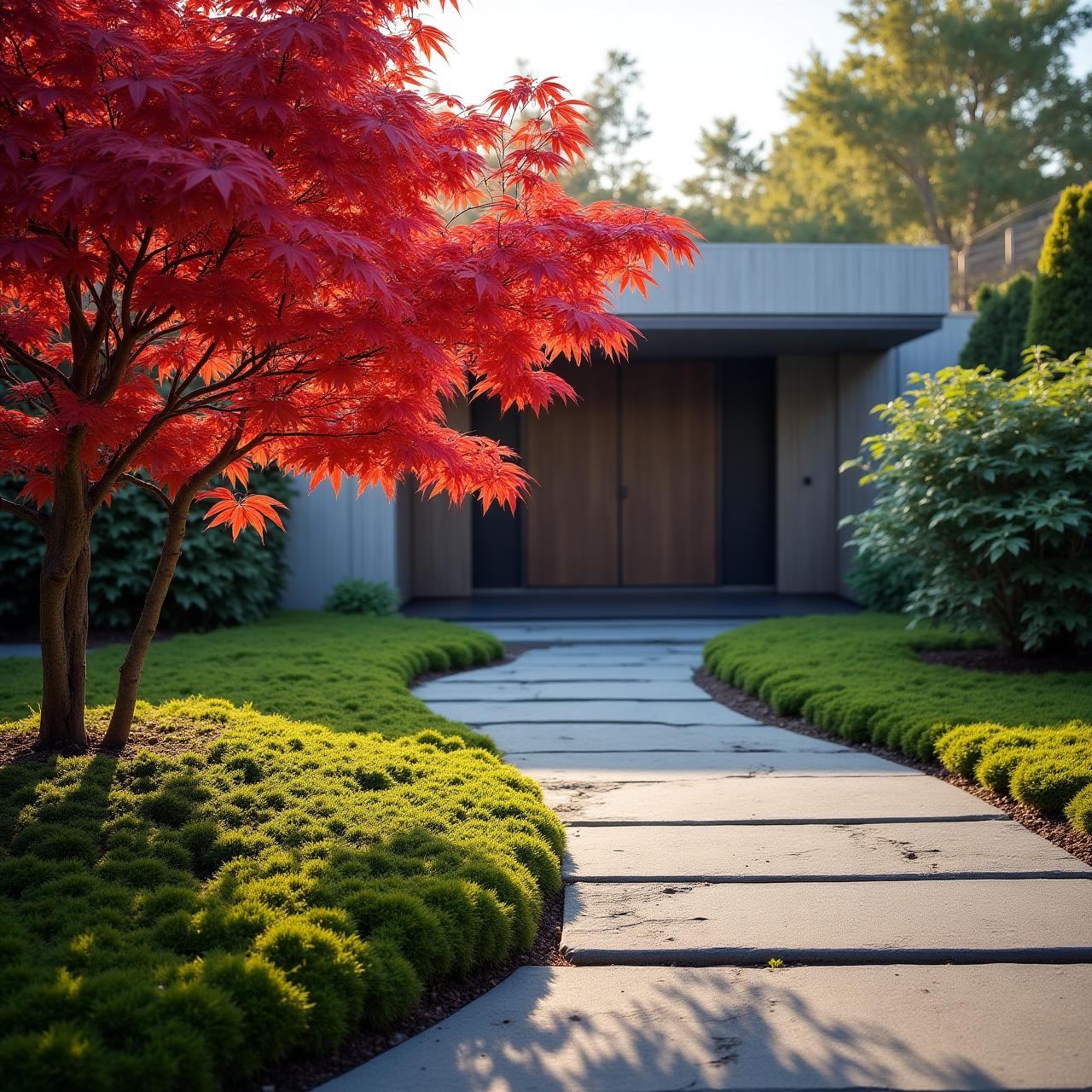 Minimalistyczny ogród japoński w sercu Mazowsza, słońce przebijające przez liście klonu