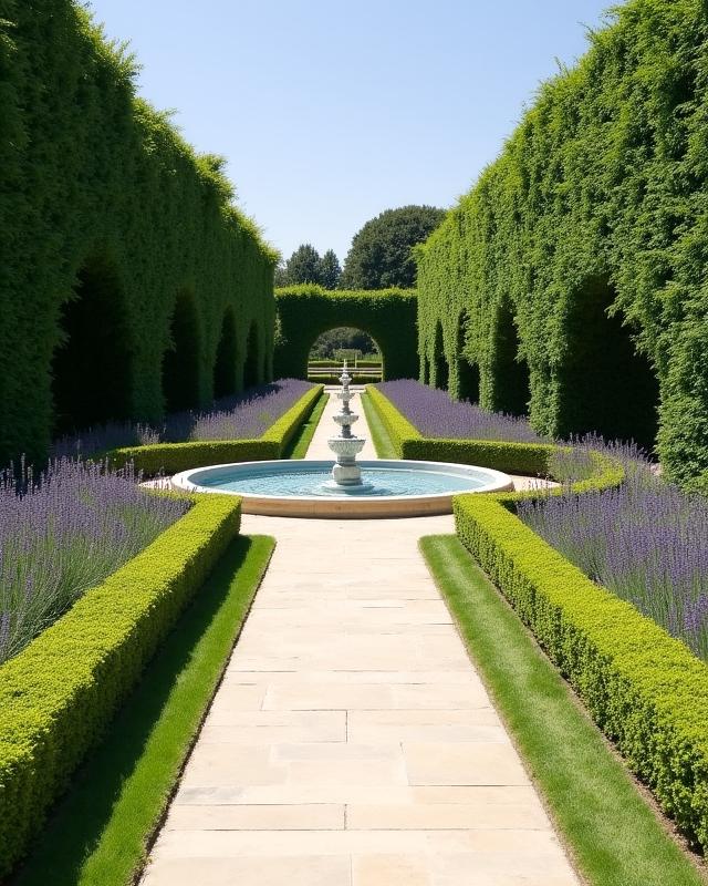 Klasyczna rezydencja z formowanymi żywopłotami